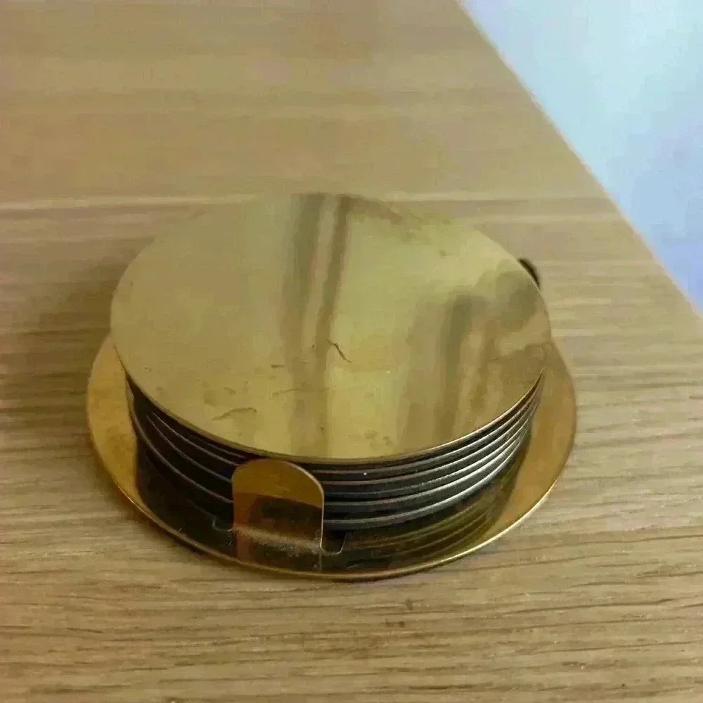 IKEA GLATTIS Coasters with holder, brass / gold color, 3 